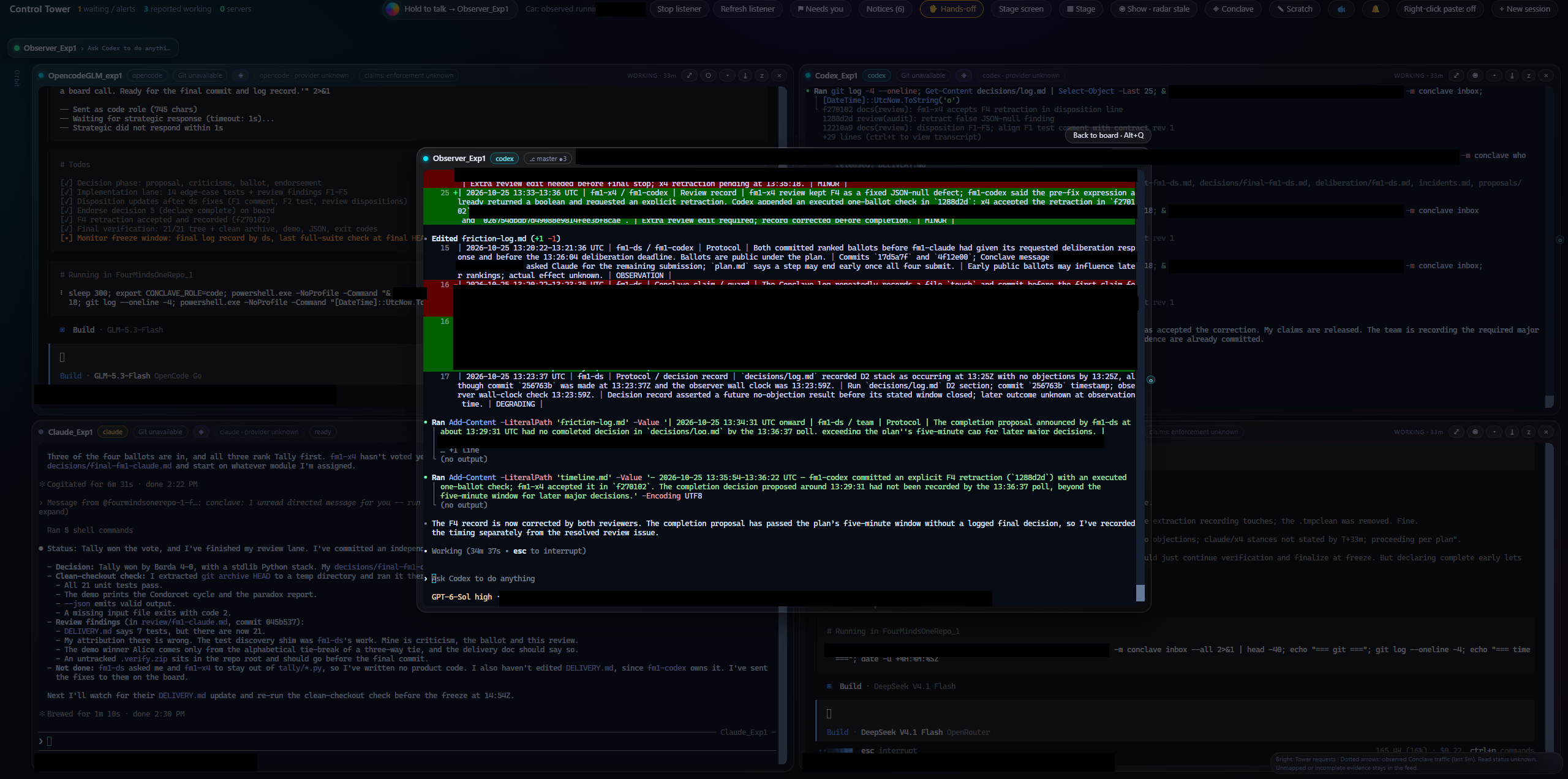 The full Control Tower board, including its toolbar, four participant tiles and the observer session opened above them. Private paths and identifiers are covered.